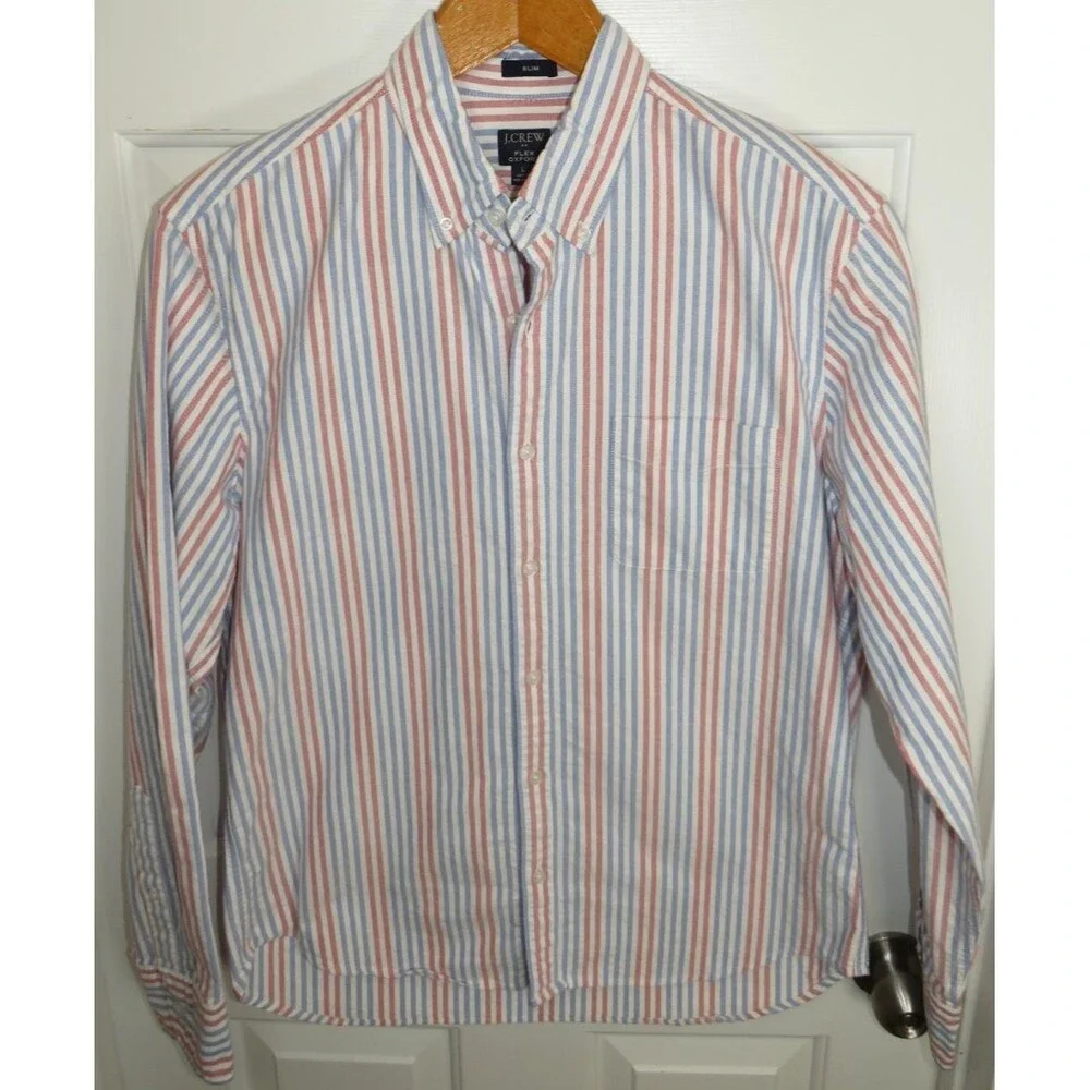 J.CREW Flex Oxford Slim Fit Button Down Shirt White/Red/Blue Stripes Size LG